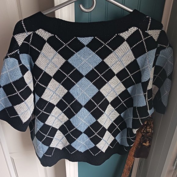 Short Sleeve Button Up Argyle Sweater - Picture 2 of 2